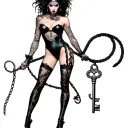 A powerful dominatrix figure with a whip and a key, surrounded by elements of bondage and control tattoo design idea