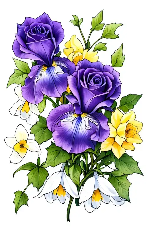Amethyst irises and pale snowdrops and butter-yellow daffodils and roses with ivy tattoo design idea