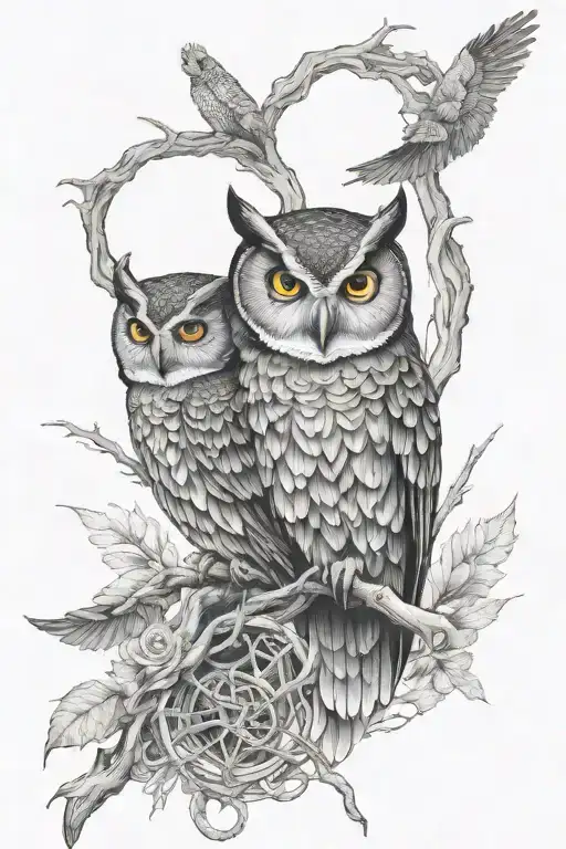 quantum entanglement and owl perched tattoo design idea