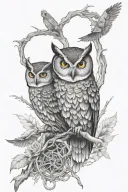 quantum entanglement and owl perched tattoo design idea