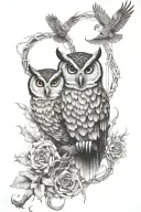 quantum entanglement and owl perched tattoo design idea