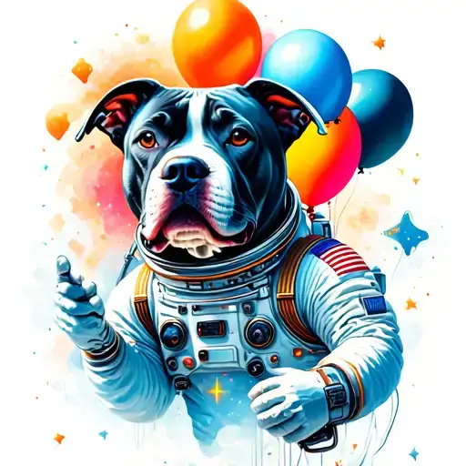 A half sleeve with a pitbull's face and an astronaut holding balloons in outer space tattoo design idea