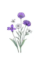 one violet flower, one honeysuckle flower, one marigold flower, and three paperwhite flowers in a tight bouquet  tattoo design idea
