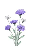 one violet flower, one honeysuckle flower, one marigold flower, and three paperwhite flowers in a tight bouquet  tattoo design idea