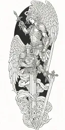 archangel with mask holding sword piercing ground with cross with scripture tattoo design idea