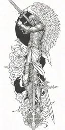 archangel with mask holding sword piercing ground with cross with scripture tattoo design idea