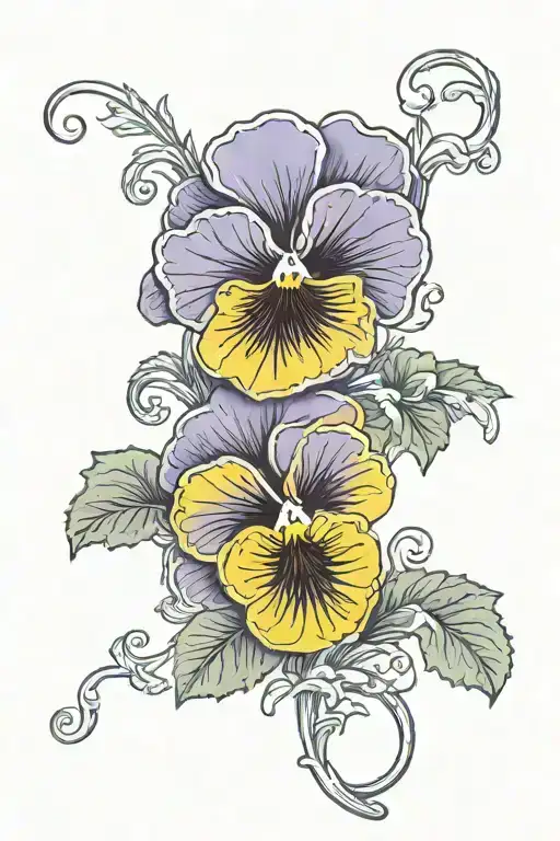 a couple of pansies with long stems entertwined. one yellow pansie and the words "it is what it is" circling the flowers tattoo design idea