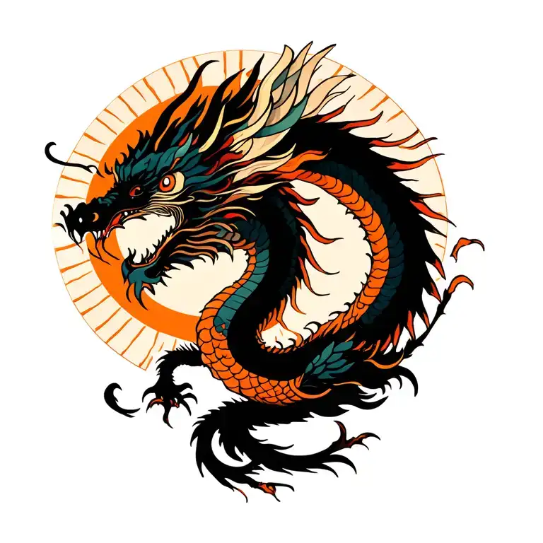 dragon and phoenix and sun shining tattoo design idea