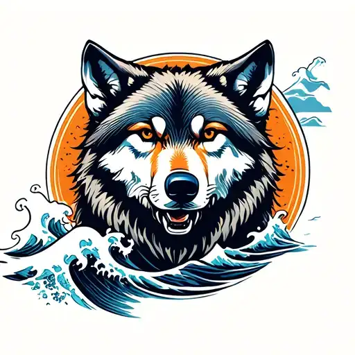 wolf waves crashing in the background tattoo design idea