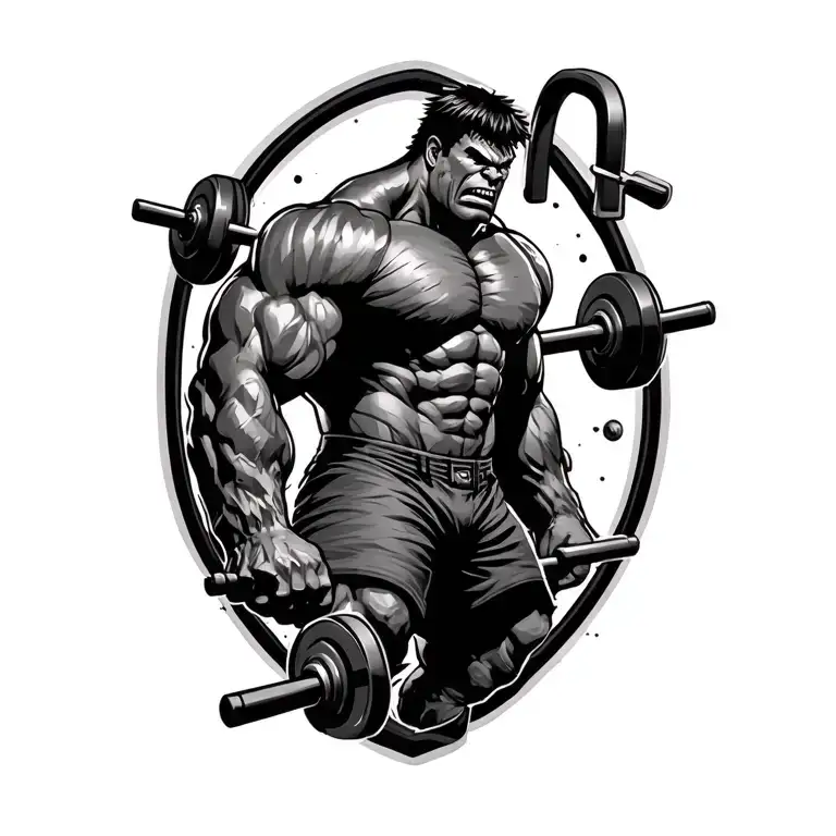 hulk and gym equipment theme sleeve tattoo design idea