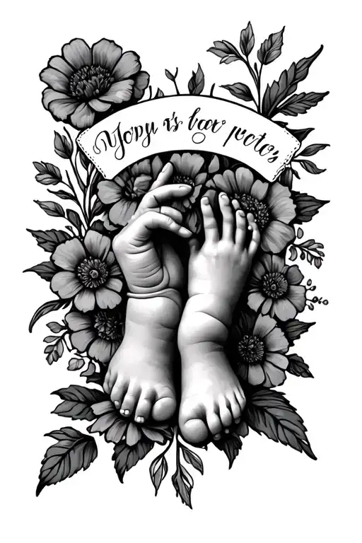 child hand and foot with name with flowers surrounding tattoo design idea