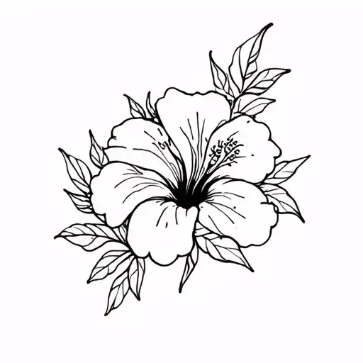 a black line thigh tattoo made up of hibiscus flowers and leaves tattoo design idea