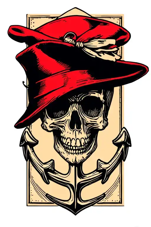 Minimalist handpoke cover-up for black tattoo above knee. Hide anchor + skull with red hat using bold lines, dotwork, an tattoo design idea