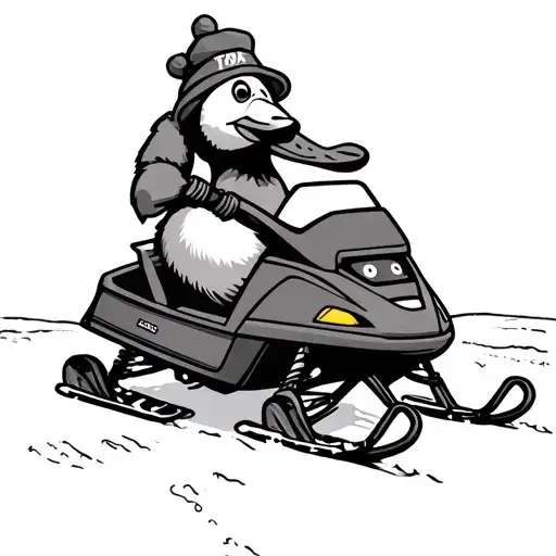 a very simple line drawing of a silly goose wearing a beaver hat and riding a snowmobile  tattoo design idea