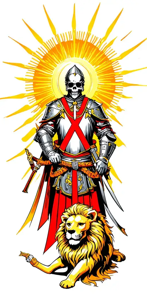 knights Templar with skull, lion and sunrays tattoo design idea