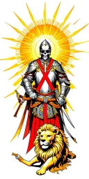 knights Templar with skull, lion and sunrays tattoo design idea