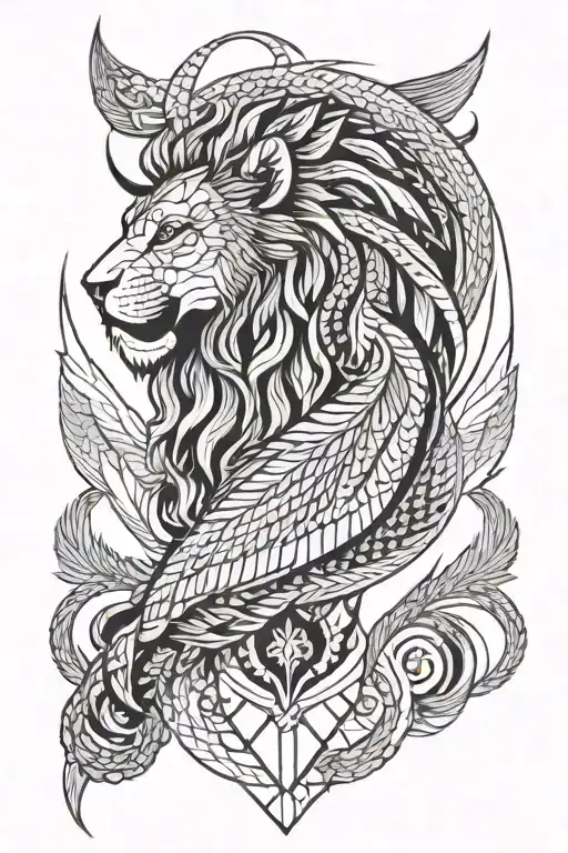 a lion with phoenix wings spread wide, a dragon tail and scales attached, tattoo design idea