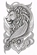 a lion with phoenix wings spread wide, a dragon tail and scales attached, tattoo design idea