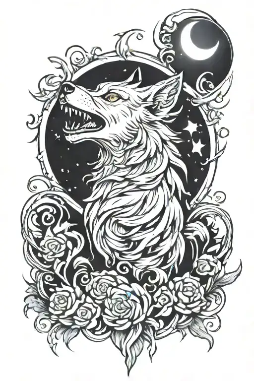phoenix wolf howling at the moon tattoo design idea