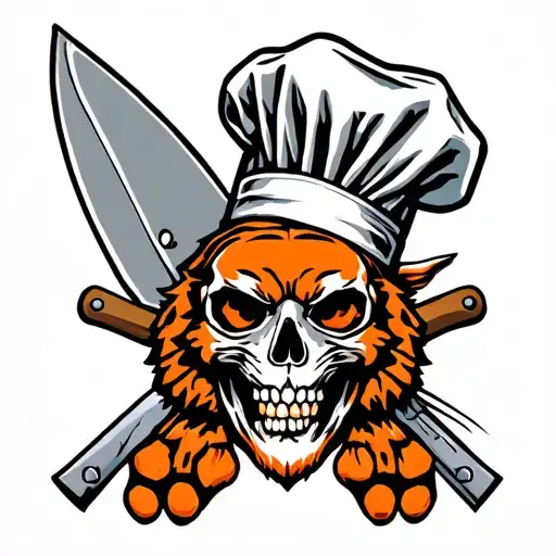 skull wearing chef hat with an orange tiger paw.  two chef knives crossed beneath it tattoo design idea