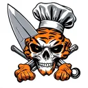 skull wearing chef hat with an orange tiger paw.  two chef knives crossed beneath it tattoo design idea