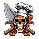 skull wearing chef hat with an orange tiger paw.  two chef knives crossed beneath it tattoo design idea