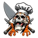 skull wearing chef hat with an orange tiger paw.  two chef knives crossed beneath it tattoo design idea