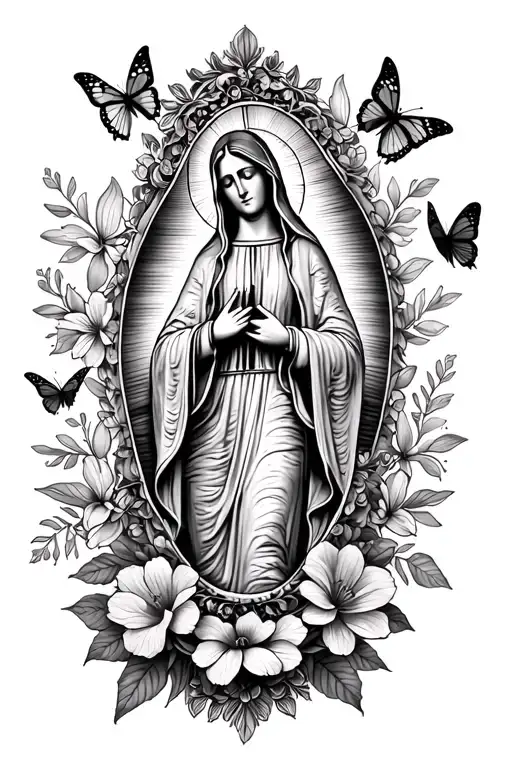 full sleeve of virgen de Guadalupe, rosario around the wrist, with flowers and butterflies  tattoo design idea