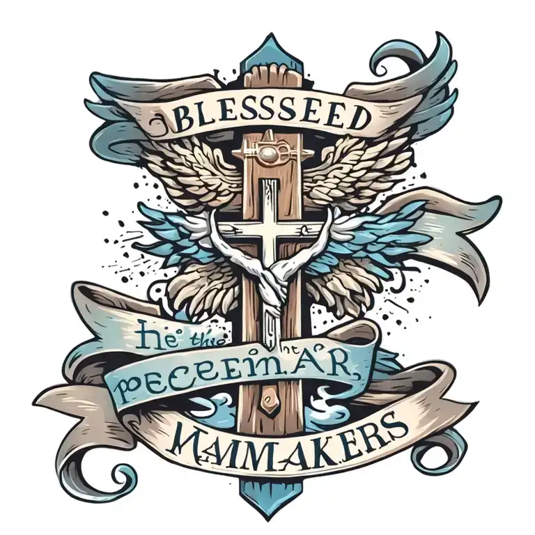 Cross with ""Blessed are the peacemakers" written on a blue banner draped on the cross.  Mat 5:9 written underneath tattoo design idea