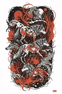 wolves and horses framed by thunderstorms in a forest with snow tattoo design idea