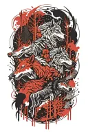 wolves and horses framed by thunderstorms in a forest with snow tattoo design idea