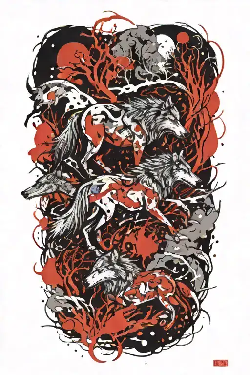 wolves and horses framed by thunderstorms in a forest with snow tattoo design idea