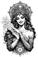 Modern goddess Fortuna, removing the bandage and grinning tattoo design idea