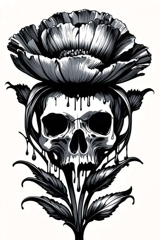 Opium poppy flower fully bloomed with one poppy pod that has a skull in it and is dripping black nectar  tattoo design idea