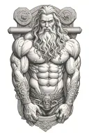 Super muscled Atlas Greek God with long silver hair and beard lifting weights tattoo design idea