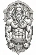 Super muscled Atlas Greek God with long silver hair and beard lifting weights tattoo design idea