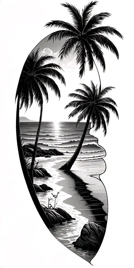 Puerto Rican motif tattoo consisting beach scene with palm trees tattoo design idea