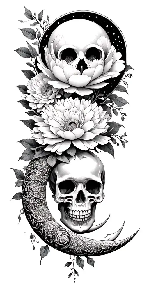 ouroboros, peony, crescent moon, chrysanthemums, skull, Hanna's tattoo design idea