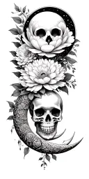 ouroboros, peony, crescent moon, chrysanthemums, skull, Hanna's tattoo design idea
