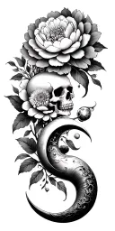 ouroboros, peony, crescent moon, chrysanthemums, skull, Hanna's tattoo design idea