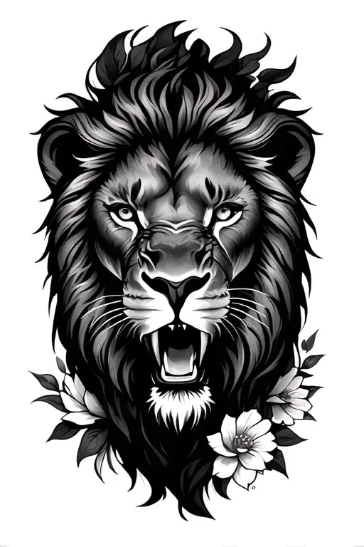 A protective lion roaring surrounded by flowers tattoo design idea