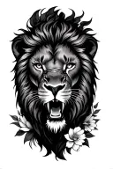 A protective lion roaring surrounded by flowers tattoo design idea
