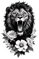 A protective lion roaring surrounded by flowers tattoo design idea
