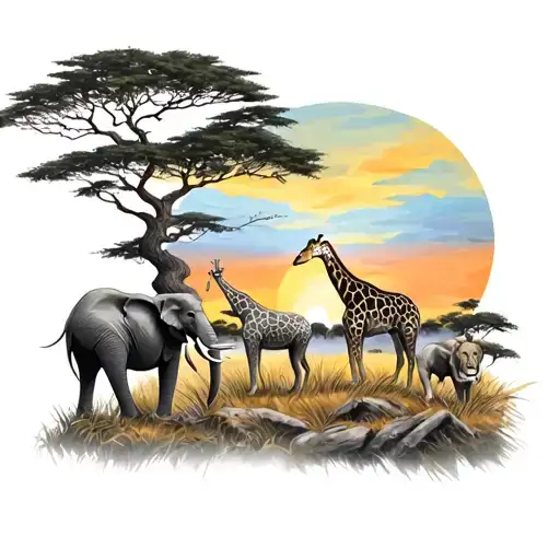 Kenyan sunset upper arm sleeve tattoo design with a tree in the background and a lion, giraffe and elephant in a silhoue tattoo design idea