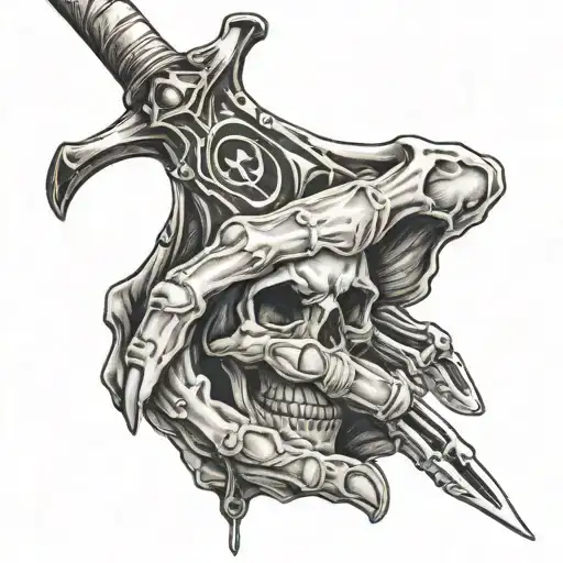hand tattoo with a reaper holding a scythe and skeleton fingers tattoo design idea