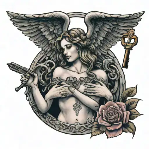 Aphrodite makes a key to a man's heart out of a stone tattoo design idea