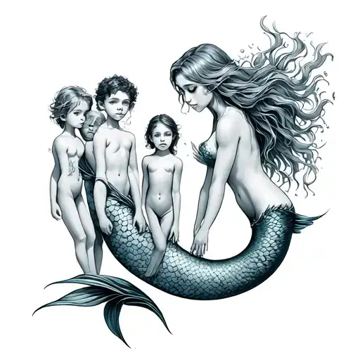 mother mermaid with 4 kids . 1 boy 3 gilrs made tattoo design idea