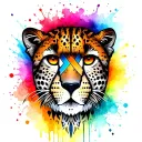 Tribal pattern cheetah 'x' for right eye. Chalk colour splash rainbow from behind  tattoo design idea