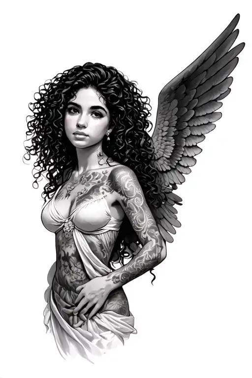 female Latina angel with curly hair tattoo design idea