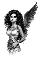 female Latina angel with curly hair tattoo design idea